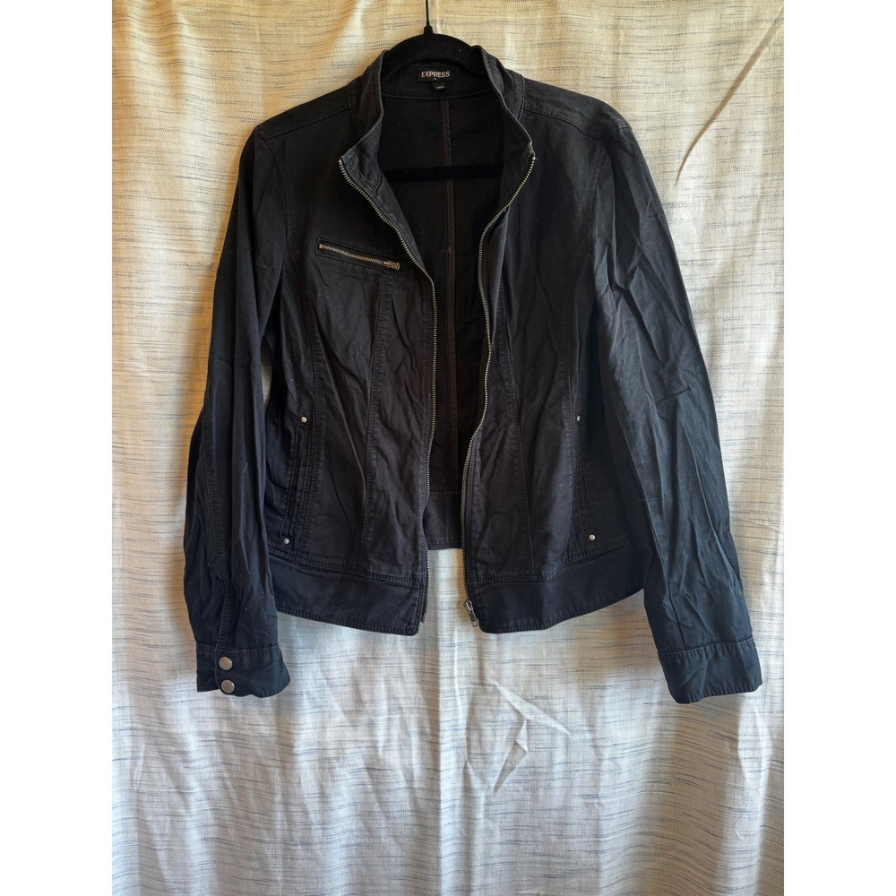 Express Womens Black Zip Up Mock Neck Utility Jacket Size 12 Cotton Blend